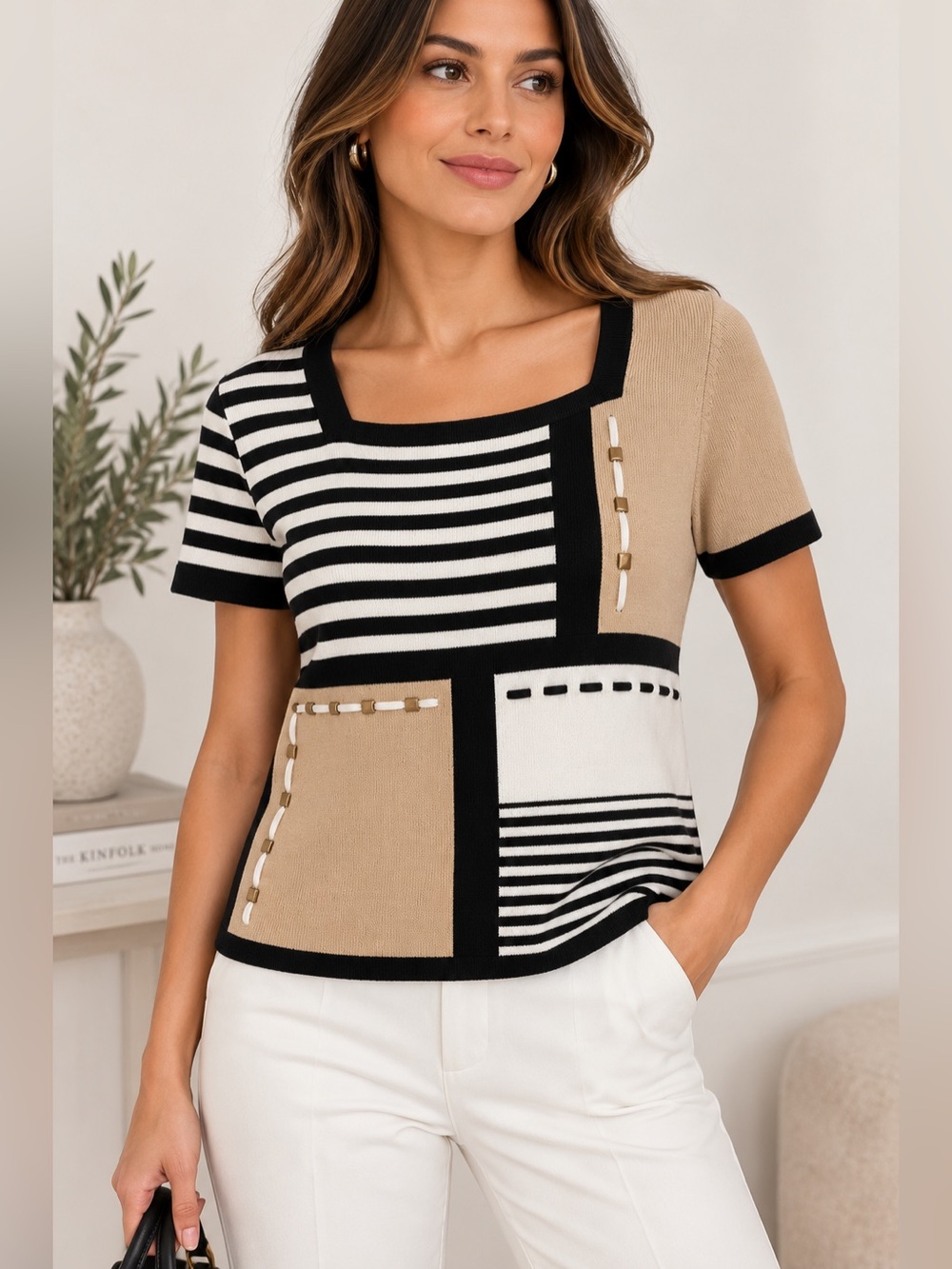 Vintage 90s Alfred Dunner Geometric Colorblock Knit Top S Minimalist